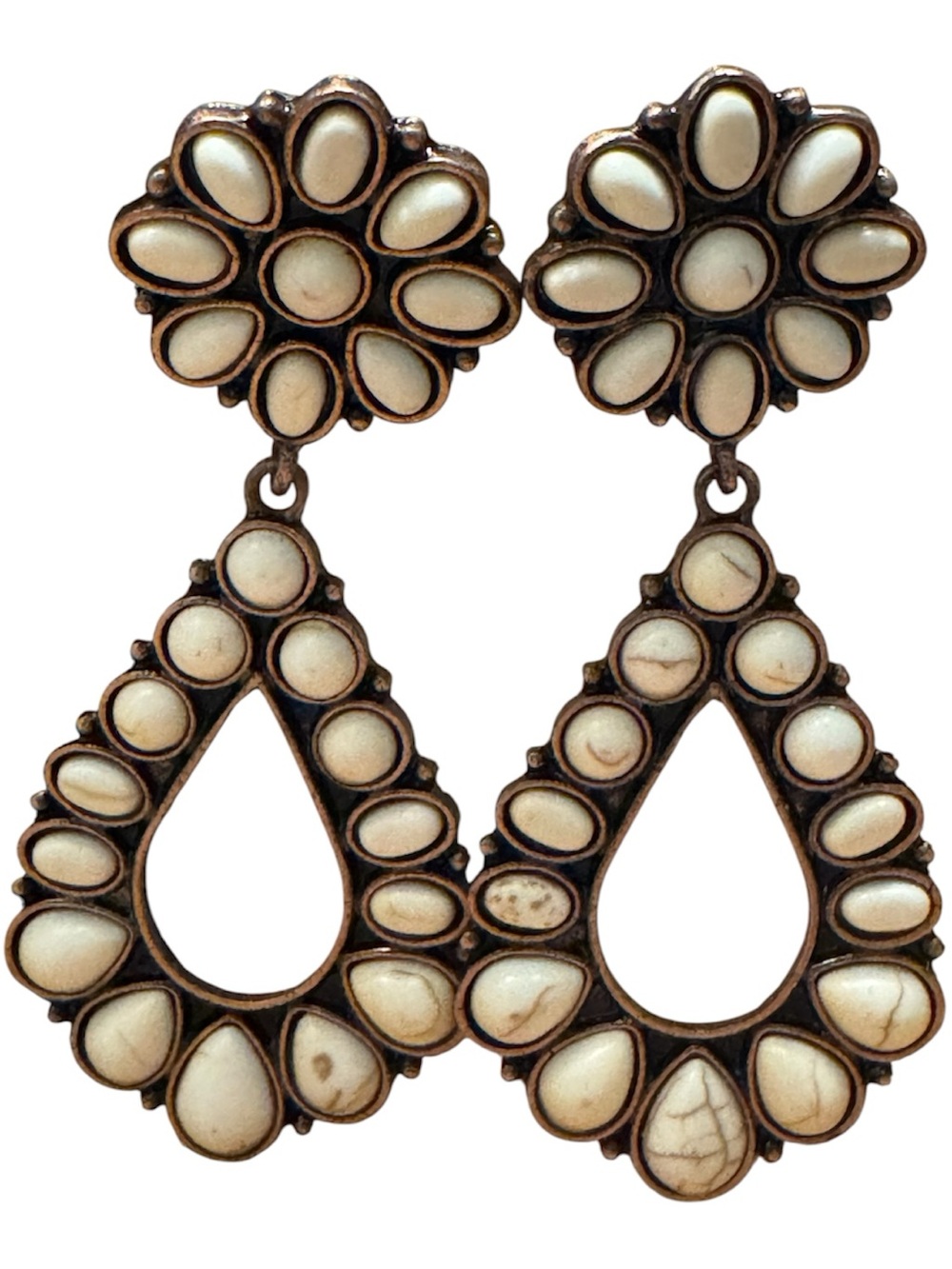 Boho Western White Howlite Stone Squash Blossom Drop Earrings - Picture 5 of 8